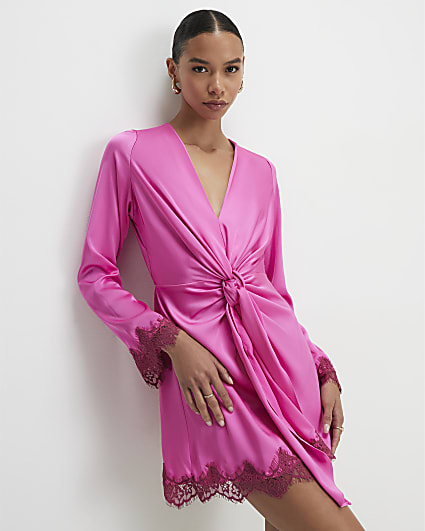 Pink Satin Tie Front Lace Trim Mini Dress
