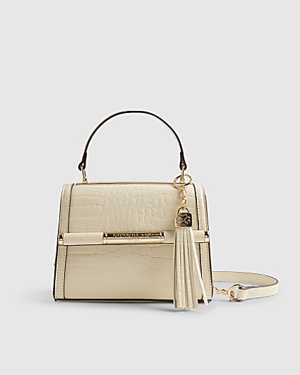Cream Mini Croc Print Cross Body Bag