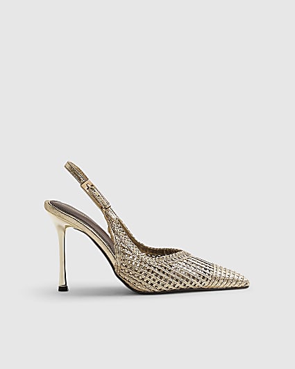 Gold Woven Stiletto Heel Sling Back Court