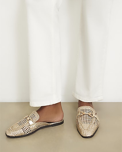 Gold Woven Backless Loafers