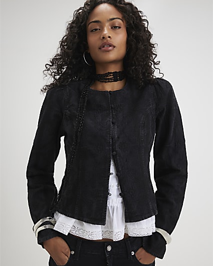 Black Denim Embroidered Drummer Jacket