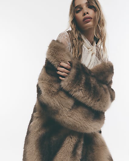 Brown Faux Fur Stripe Long Coat