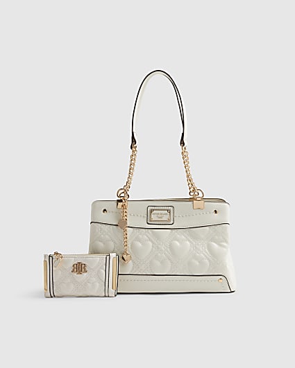 Cream Heart Chain Shoulder Bag And Purse Set