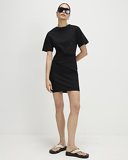 Black Cotton Twist Tuck Side Mini Dress