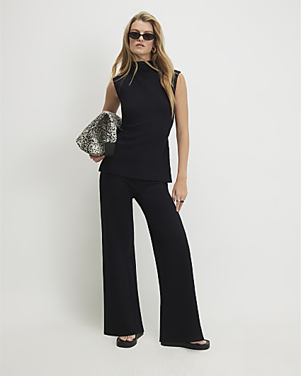 Black Cotton Textured Wide Leg Trousers