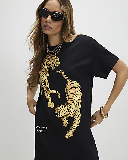 Black Cotton Mirror Print Tiger T-shirt