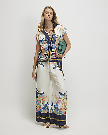 Blue Chain Print Floral Wide Leg Trousers