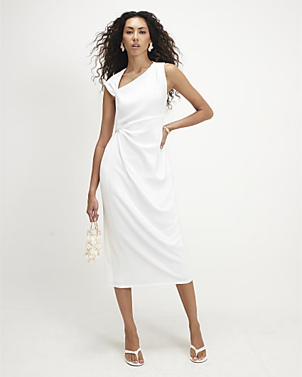 Cream Tie Side Drape Midi Dress
