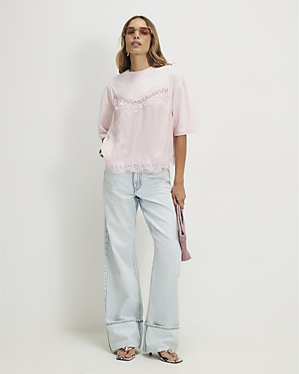 Pink Short Sleeve Lace Front T-Shirt
