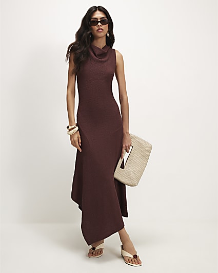 Brown Textured Sleeveless Midi Dress