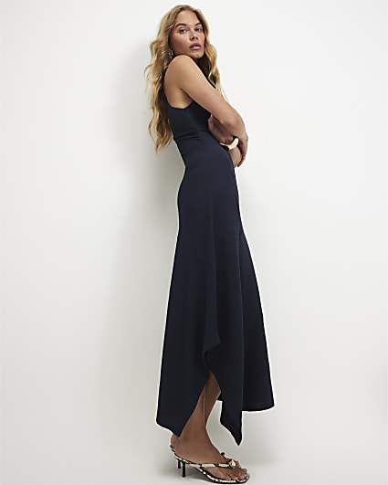 Navy Halter Neck Textured Midi Dress