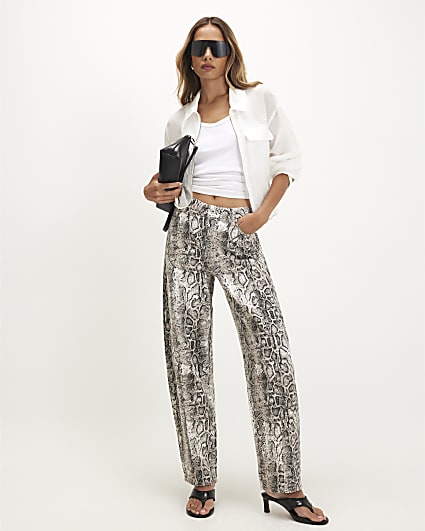 Grey Snake Print Barrel Leg Jeans