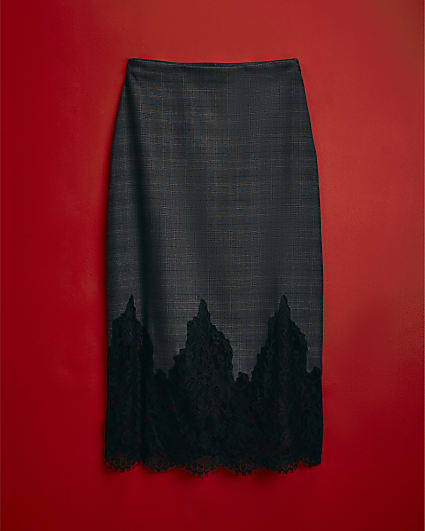 Grey Check Cutwork Lace Pencil Midi Skirt