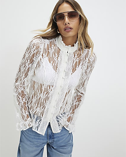 White Lace Long Sleeve Ruffle Shirt