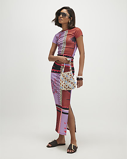 Orange Patchwork Textured Midi Skirt