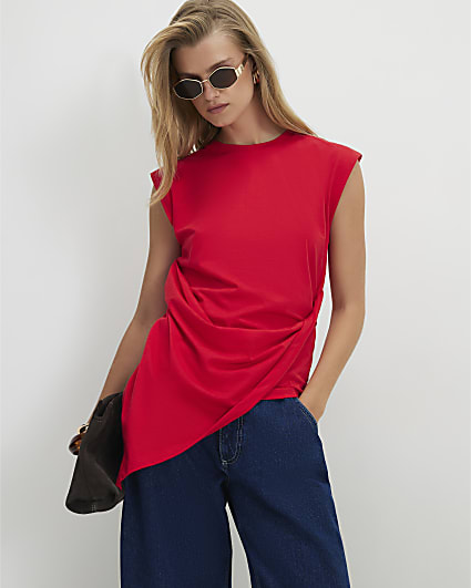 Red Sleeveless Asymmetric Longline Top
