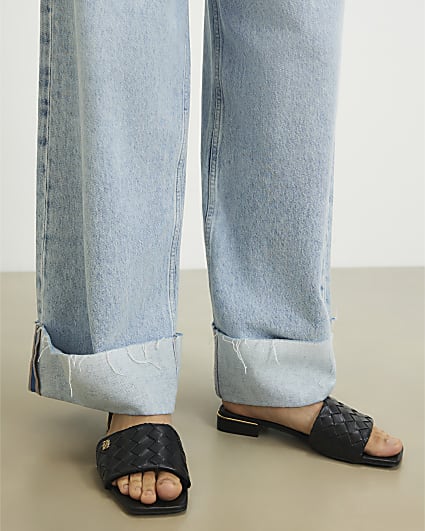 Black Woven Mule Flat Sandals