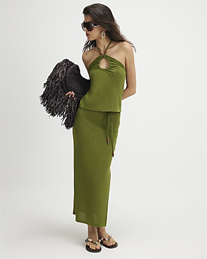 Green Beaded Midi Skirt