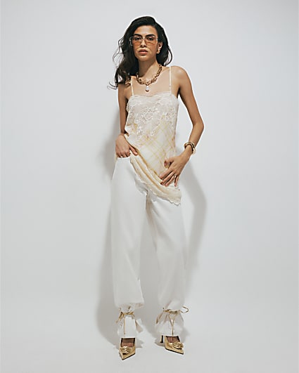 Cream Soft Check Lace Longline Cami