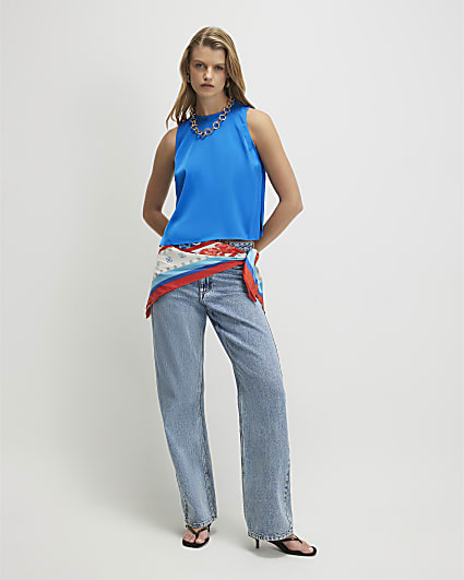 Blue Satin Racer Neck Top