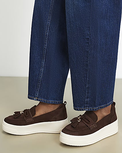 Brown Faux Suede Platform Tassel Loafers