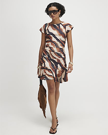 Brown Ruched Abstract Print Mini Dress