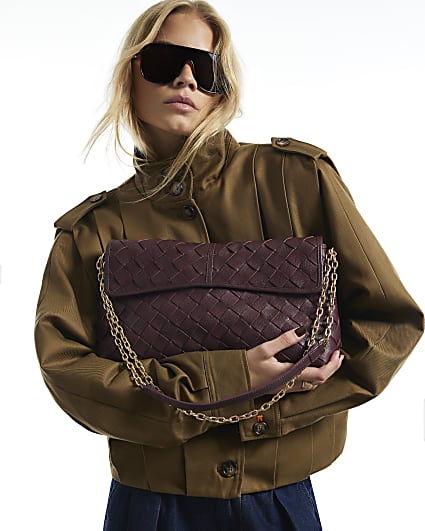 Burgundy Leather Chain Suede Shoulder Bag