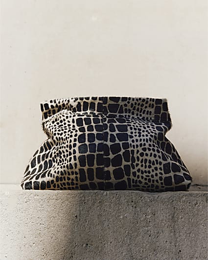 Black Animal Print Hair On Leather Clutch Bag