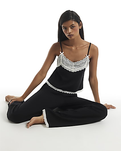 Black Cotton Blend Lace Trim Cami Pyjama Set