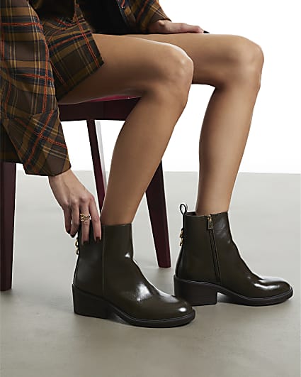 Brown Faux Leather Block Heel Ankle Boots