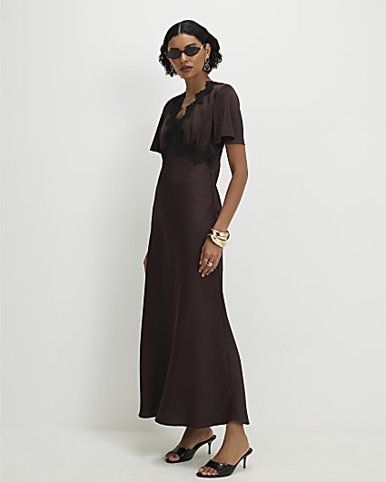 Brown Lace Satin Short Sleeve Slip Maxi Dress