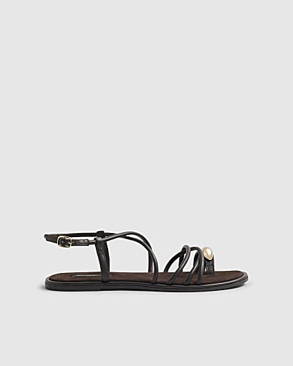 Brown Leather Metal Toe Loop Flat Sandals