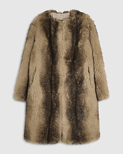 Petite Brown Stripe Faux Fur Coat