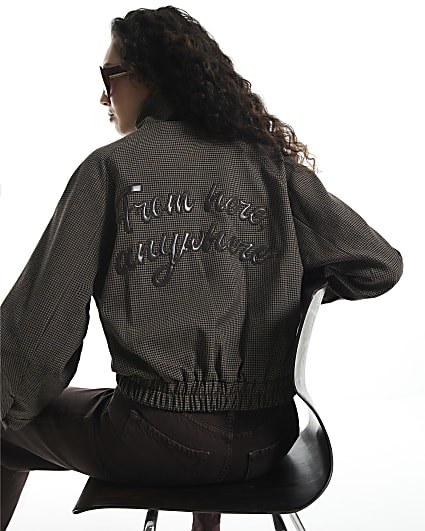 Brown Slogan Check Bomber Jacket