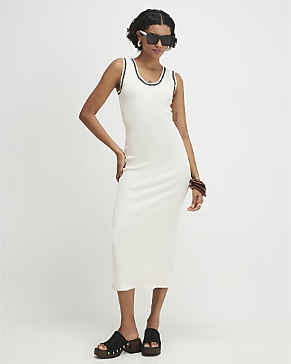 Cream Sleeveless Whipstitch Trim Midi Dress