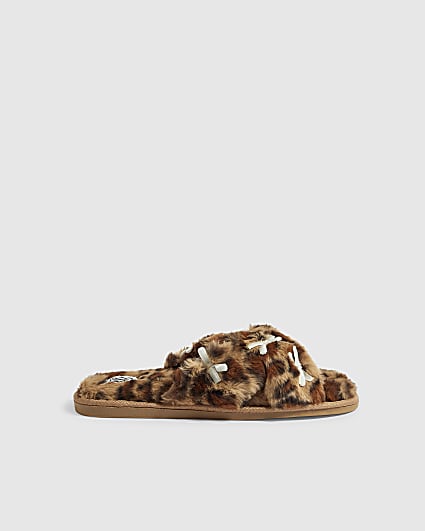 Brown Fluffy Leopard Cross Strap Slippers