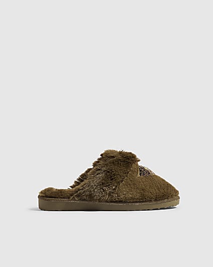 Green Faux Fur Olive Embroidered Slippers