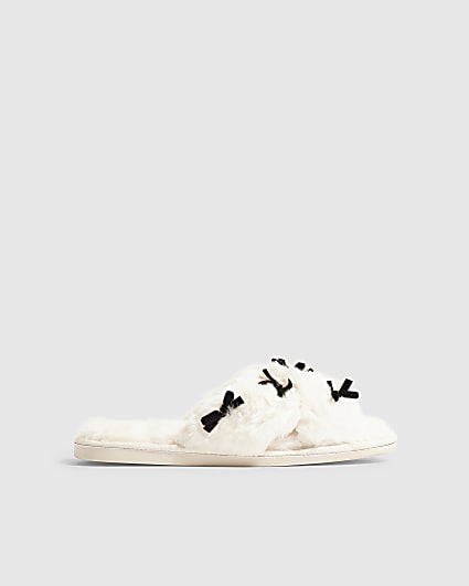 Cream Fluffy Cross Strap Bow Slippers