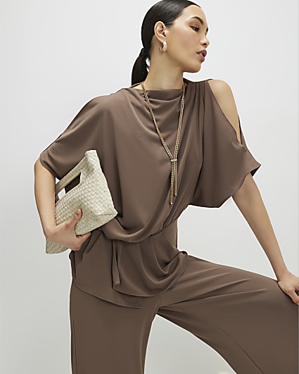Brown Cold Shoulder Top