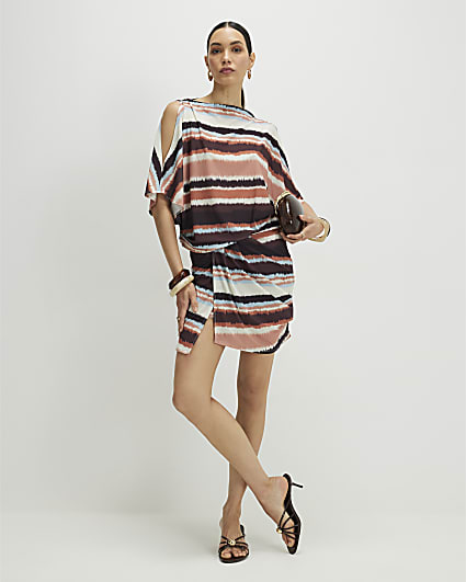 Brown Stripe Cold Shoulder Mini Dress