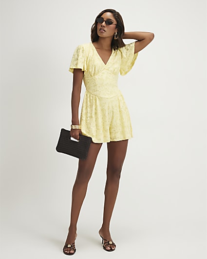 Yellow Short Sleeve Floral Burnout Playsuit