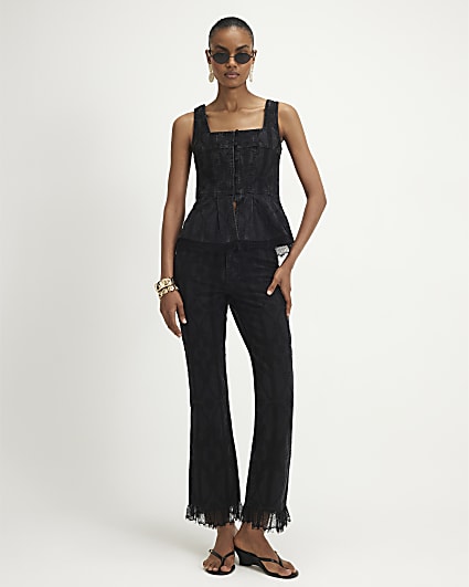 Black Embroidered Lace Trim Kick Flare Jeans