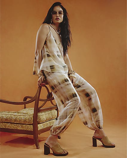 Cream Muted Check Balloon Leg Cuffed Trousers