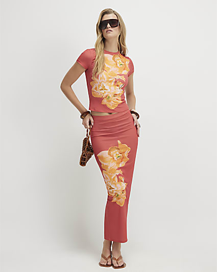 Orange Floral Maxi Skirt