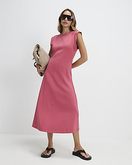 Pink Cotton Blend Midi T-shirt Dress