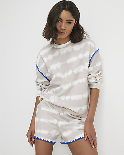 Beige Tie Dye Whipstitch Trim Sweatshirt