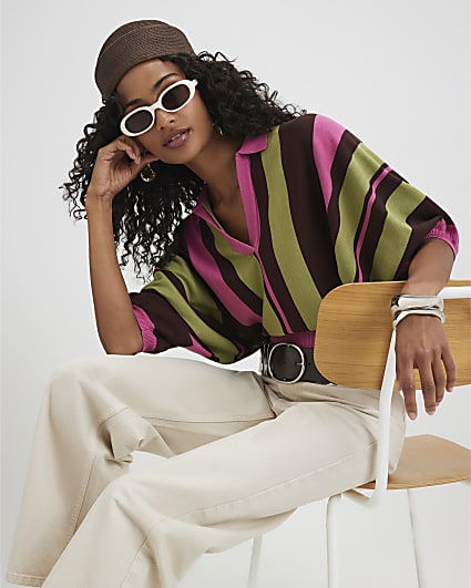 Green Stripe Batwing Knitted Polo Top