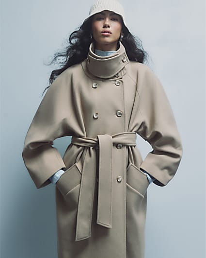 Beige Funnel Neck Robe Coat