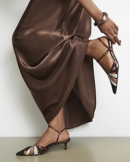 Brown Diamante Caged Court Heels