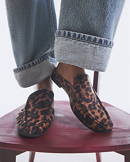 Brown Leopard Print Backless Ruched Loafers